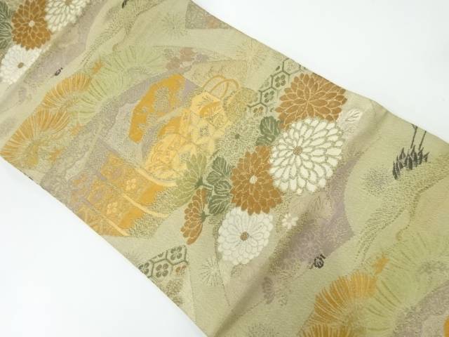 松鶴に菊模様織出し丸帯（材料）【アンティーク】【中古】【着】【丸帯】 宗sou