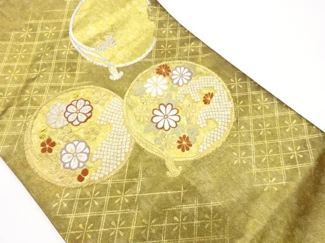 青銅箔組紐に丸文・花々・鹿の子模様織出し名古屋帯【中古】【着】【名古屋帯】 宗sou