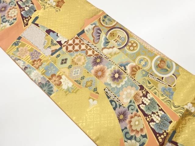 几帳に花々・雲模様織出し袋帯【中古】【着】【袋帯】 宗sou