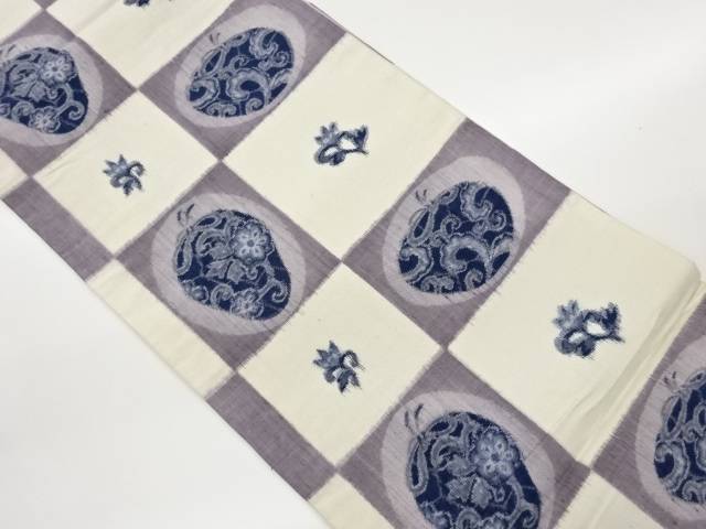 手織り紬変わり市松に花唐草飾りつけ織出し全通袋帯【中古】【着】【袋帯】 宗sou