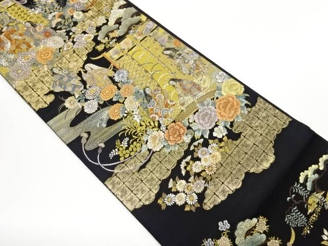 雲に几帳に花々・人模様織出し袋帯【中古】【着】【袋帯】 宗sou