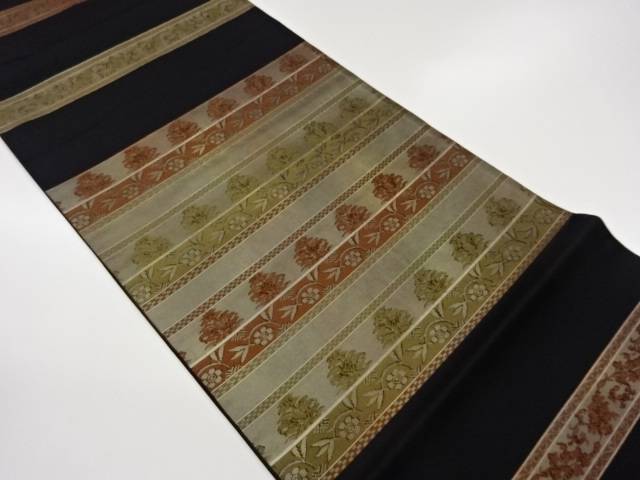 引箔名物裂横段に花・葉模様織出し袋帯【中古】【着】【袋帯】 宗sou