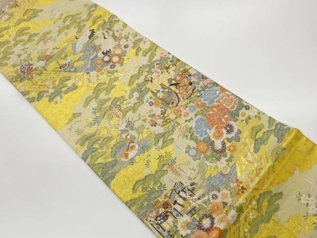 花々に人物・鶴模様織出し袋帯【中古】【着】【袋帯】 宗sou
