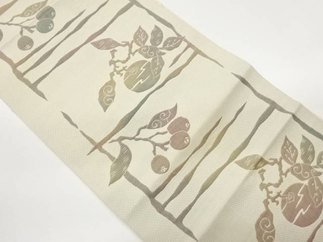 本場筑前博多変わり色紙に枇杷・抽象果物模様織出し名古屋帯【中古】【着】【名古屋帯】 宗sou