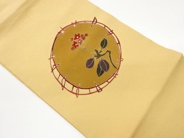縮緬地銀彩型染枝葉に花模様刺繍名古屋帯【中古】【着】【名古屋帯】 宗sou