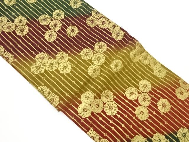 上代紬金彩抽象竹に菊模様名古屋帯【中古】【着】【名古屋帯】 宗sou