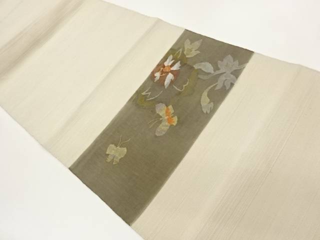 手織り紬抽象花葉に蝶模様織出し名古屋帯【中古】【着】【名古屋帯】 宗sou