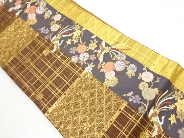 縞に尾長鳥・草花模様織出し名古屋帯【中古】【着】【名古屋帯】 宗sou