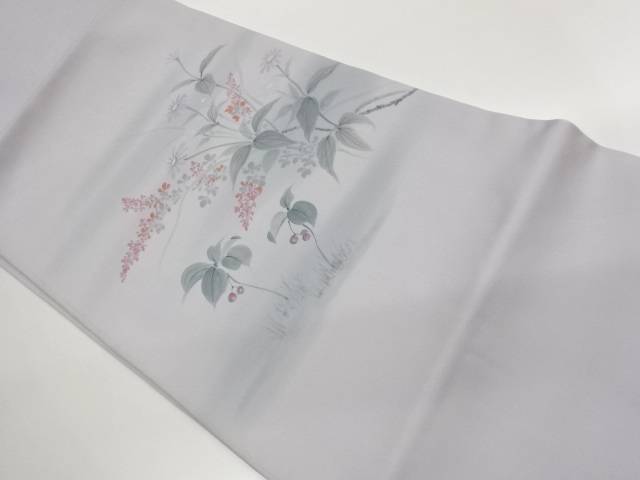 塩瀬手描き草花に実模様開き名古屋帯（額縁仕立て）【中古】【着】【名古屋帯】 宗sou