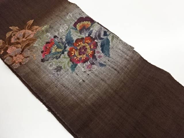 手織り真綿紬花葉飾りつけ織出し名古屋帯【中古】【着】【名古屋帯】 宗sou