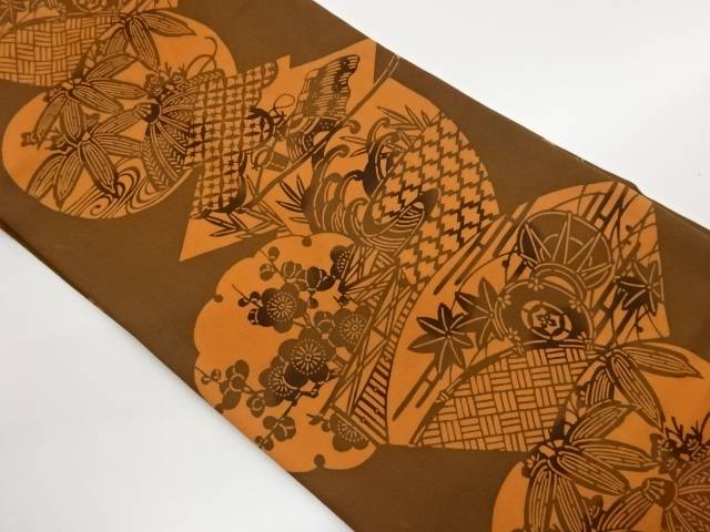 塩瀬型染地紙・雪輪に小鼓・花葉模様名古屋帯【中古】【着】【名古屋帯】 宗sou