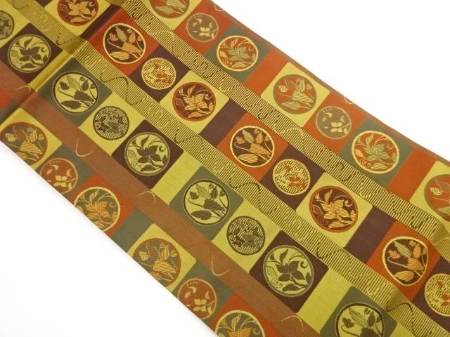 縞・丸文に草花模様織出し名古屋帯【中古】【着】【名古屋帯】 宗sou