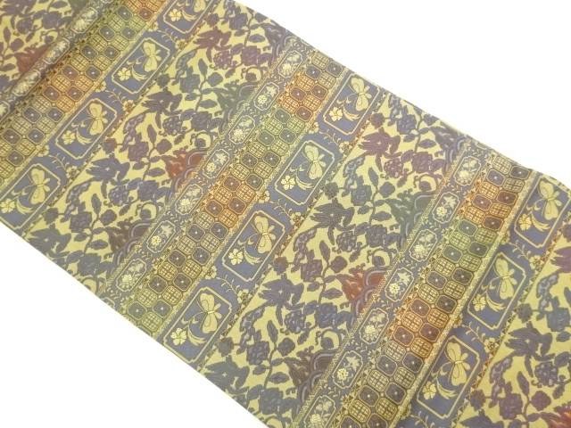 横段に尾長鳥・花葉・蝶模様織出し名古屋帯【中古】【着】【名古屋帯】 宗sou