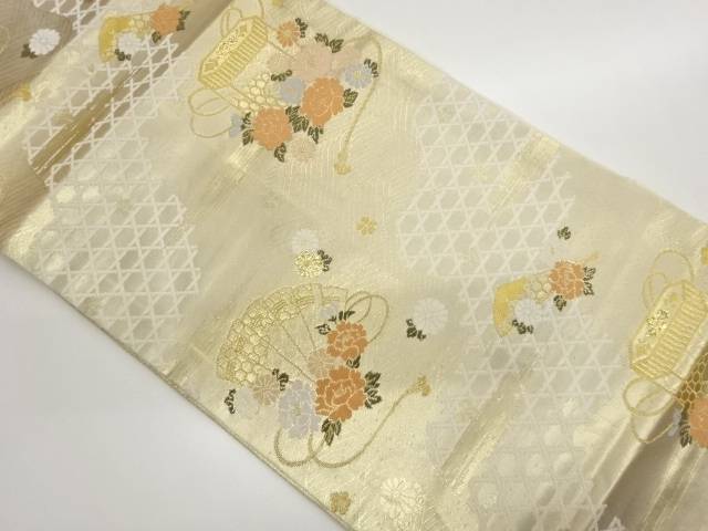 貝桶に檜扇模様織出し名古屋帯【中古】【着】【名古屋帯】 宗sou