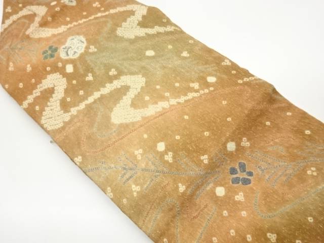 ふくれ織絞り手描き流水に花葉模様織出し名古屋帯【中古】【着】【名古屋帯】 宗sou