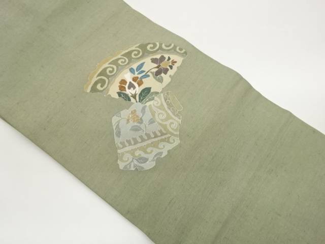 手織り紬銀通し草花に抽象唐草模様刺繍名古屋帯【中古】【着】【名古屋帯】 宗sou