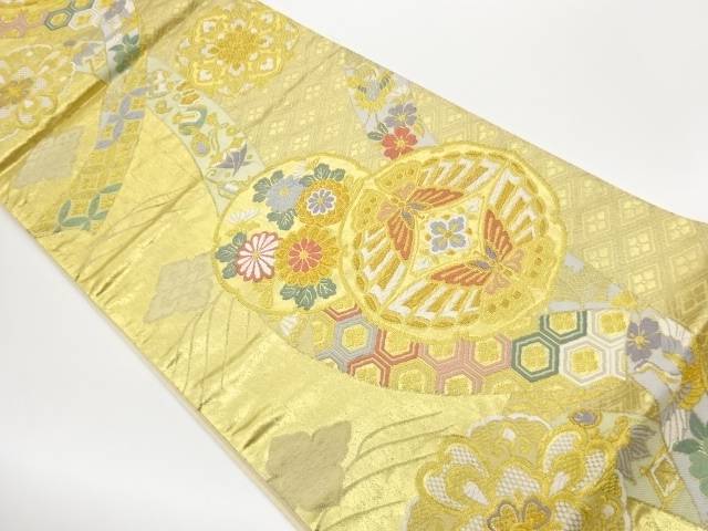 向かい蝶に菊・華紋・宝尽くし模様織出し袋帯【中古】【着】【袋帯】 宗sou