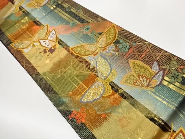 縞に蝶・梅模様織出し袋帯【中古】【着】【袋帯】 宗sou