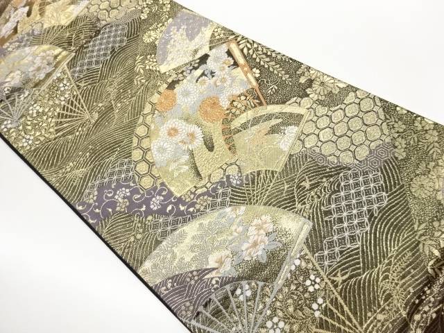 扇に花々模様織出し袋帯【中古】【着】【袋帯】 宗sou