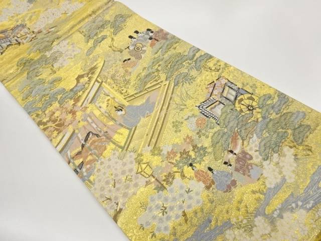 やまひで製 時代人物に御所車・松・花々模様織出し全通袋帯【中古】【着】【袋帯】 宗sou|お茶道具・着物 【宗 sou】