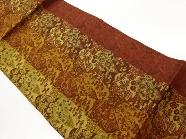 山並みに屋敷・笹・花々模様織出し名古屋帯【中古】【着】【名古屋帯】 宗sou