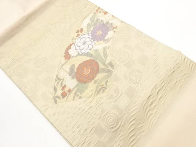 菊に丸文・亀甲・市松模様織出し名古屋帯【中古】【着】【名古屋帯】 宗sou