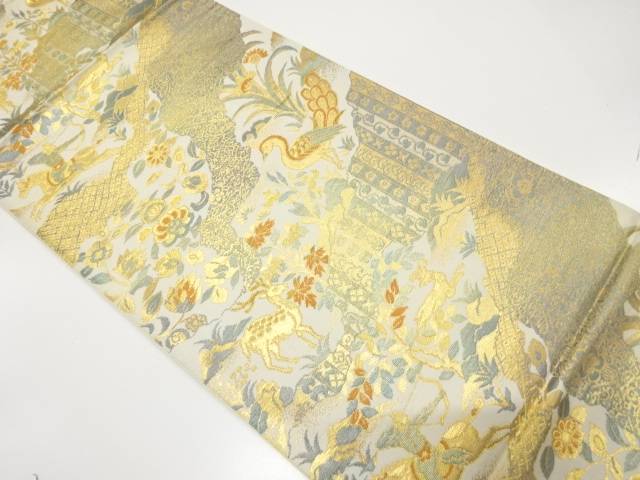 道長取りに狩人・花鳥模様織り出し袋帯（着用可）【アンティーク】【中古】【着】【袋帯】 宗sou