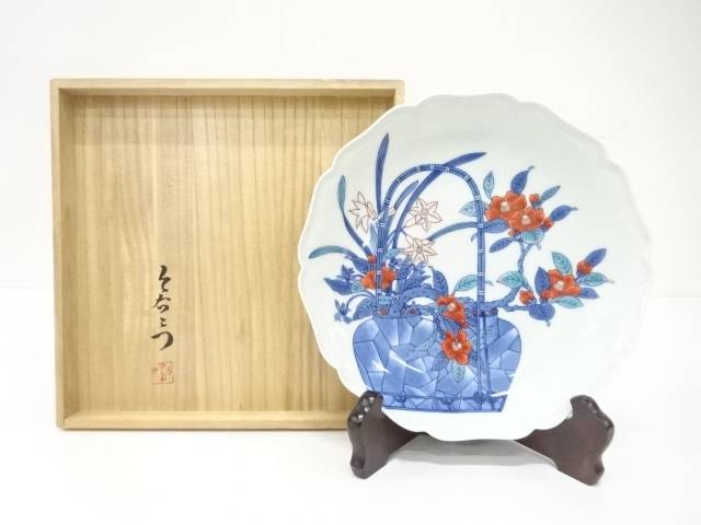 有田焼 今泉今右衛門造 色鍋島 篭花絵 額皿【中古】【道】 宗sou