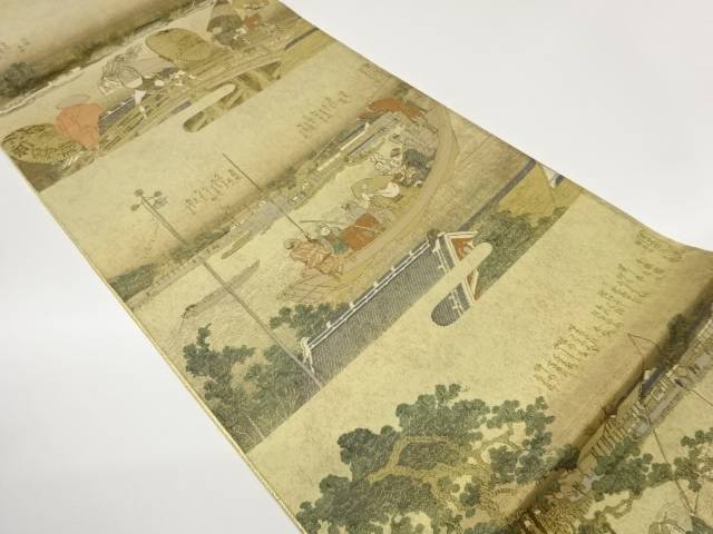 佐賀錦河川に舟・人物模様織出し袋帯【中古】【着】【袋帯】 宗sou