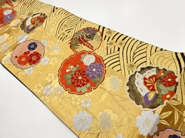 雪輪に花々・蝶・波模様織出し袋帯【中古】【着】【袋帯】 宗sou