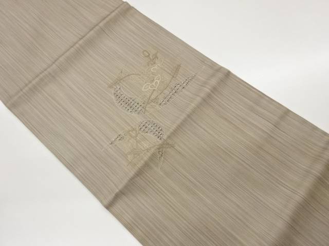 汕頭刺繍花葉に幾何学模様開き名古屋帯（額縁仕立て）【中古】【着】【名古屋帯】 宗sou