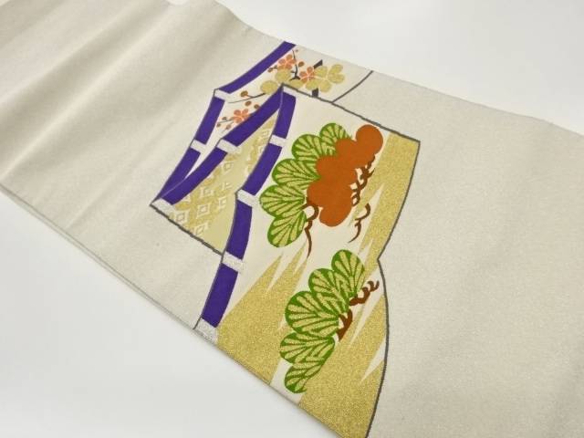 綴れ幕に梅・松・雲模様織出し名古屋帯【中古】【着】【名古屋帯】 宗sou