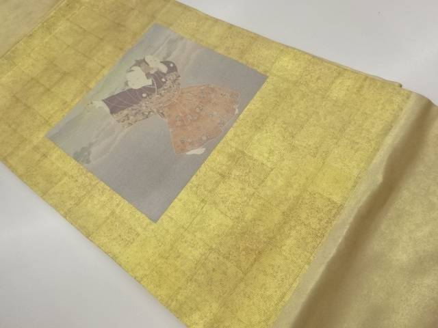 純金箔童子に格子・風景模様名古屋帯【中古】【着】【名古屋帯】 宗sou
