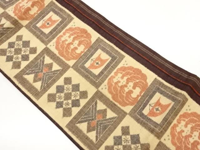 手織り紬色紙に幾何学学飾りつけ織出し名古屋帯【中古】【着】【名古屋帯】 宗sou