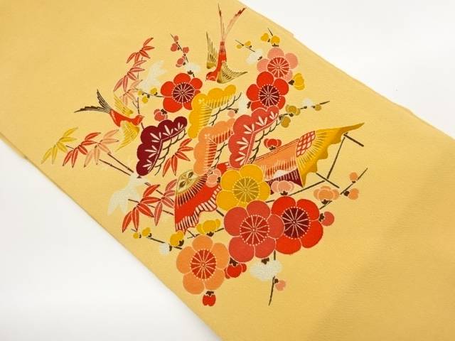 縮緬地型染燕に松竹梅・東屋模様名古屋帯【中古】【着】【名古屋帯】 宗sou