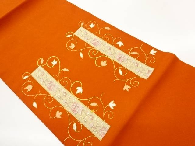 塩瀬金駒刺繍パッチワーク短冊に花唐草模様開き名古屋帯（額縁仕立て）【中古】【着】【名古屋帯】 宗sou