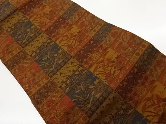 変わり格子に花鳥模様織出し名古屋帯【中古】【着】【名古屋帯】 宗sou
