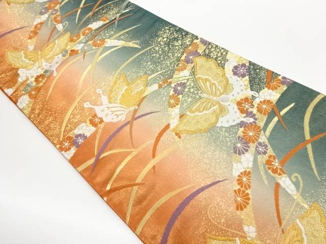 蝶に雪芝・花々模様織出し袋帯【中古】【着】【袋帯】 宗sou