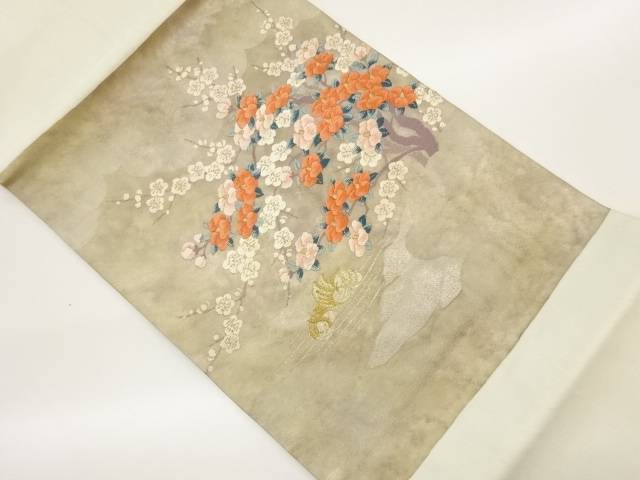 引箔鴛鴦に梅・椿模様織出し名古屋帯【中古】【着】【名古屋帯】 宗sou