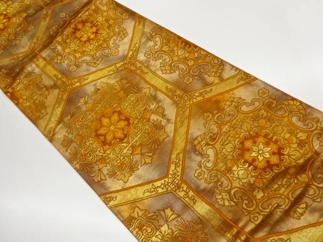 引箔亀甲に華紋模様織出し袋帯【中古】【着】【袋帯】 宗sou