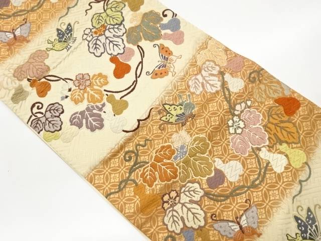 唐織瓢箪に蝶・花菱七宝・紗綾形模様織出し袋帯【中古】【着】【袋帯】 宗sou