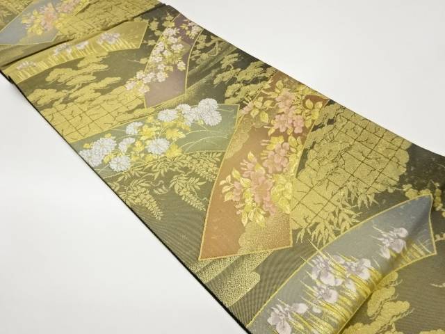 引箔変わり地紙に菊・桜・花々模様織出し袋帯【中古】【着】【袋帯】 宗sou