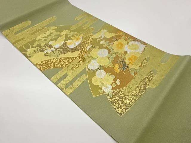 金彩地紙に鴛鴦・鶴・花々模様袋帯【中古】【着】【袋帯】 宗sou