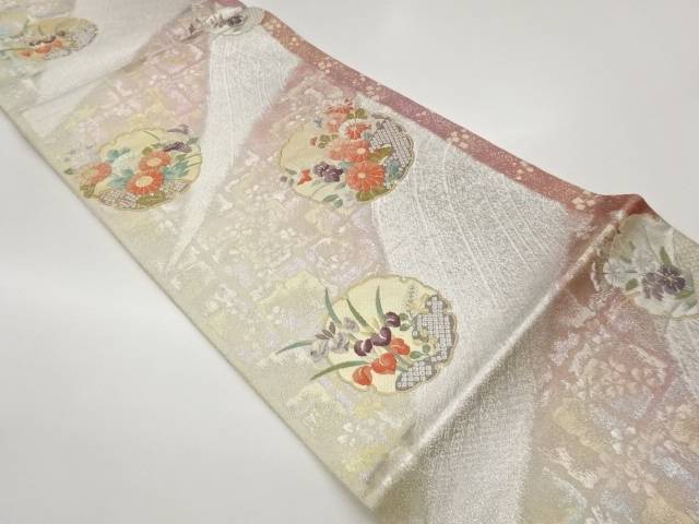 雪輪に秋草・変わり流水模様織出し袋帯【中古】【着】【袋帯】 宗sou
