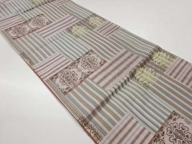 短冊に縞・花模様織出し洒落全通袋帯【中古】【着】【袋帯】 宗sou