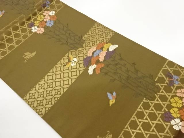 七宝に籠目・蝶・草花模様織出し名古屋帯【中古】【着】【名古屋帯】 宗sou