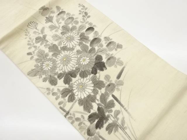 手織り紬手描き相良刺繍菊模様開き名古屋帯（額縁仕立て）【中古】【着】【名古屋帯】 宗sou