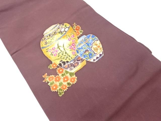 塩瀬金彩壺に草花・花唐草模様名古屋帯【中古】【着】【名古屋帯】 宗sou