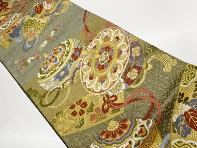 独楽に笛・花々模様織出し袋帯【中古】【着】【袋帯】 宗sou|お茶道具・着物 【宗 sou】