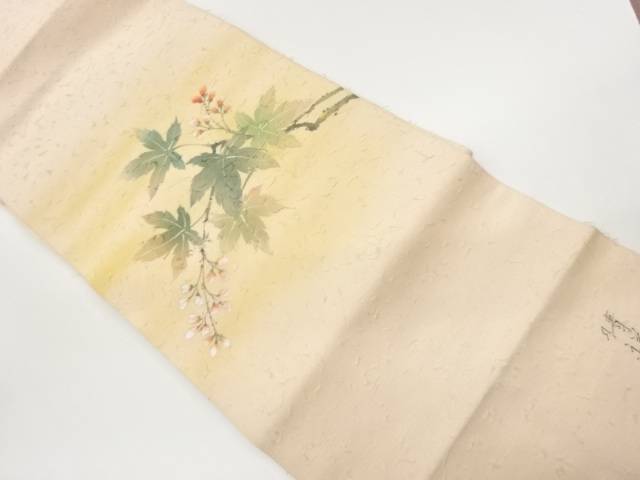 絵描き物 ひげ紬金彩墨付き槭樹に花飾りつけ名古屋帯【中古】【着】【名古屋帯】 宗sou